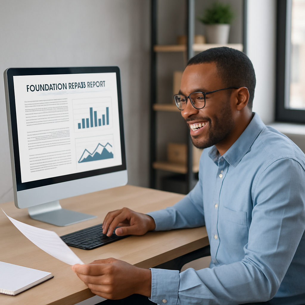 A foundation repair engineer at his desk happily reviewing a report on his modern computer-1