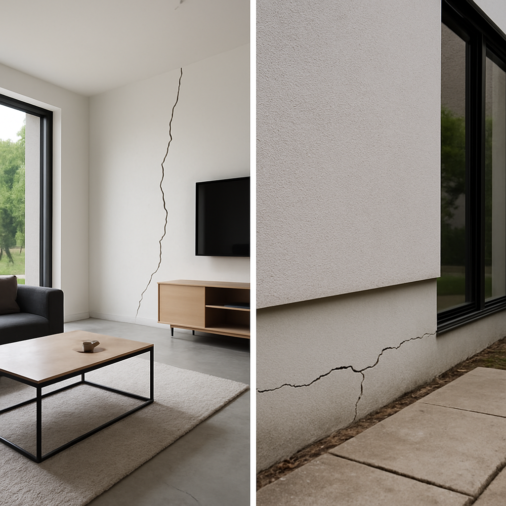 inside and outside of modern home with hairline crack  foundation problems